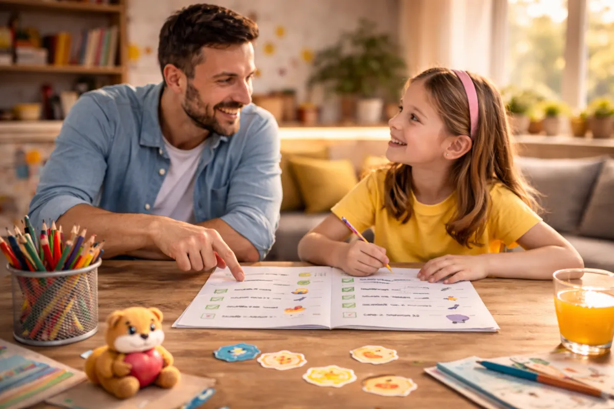Father and daughter going through a daily activity checklist together