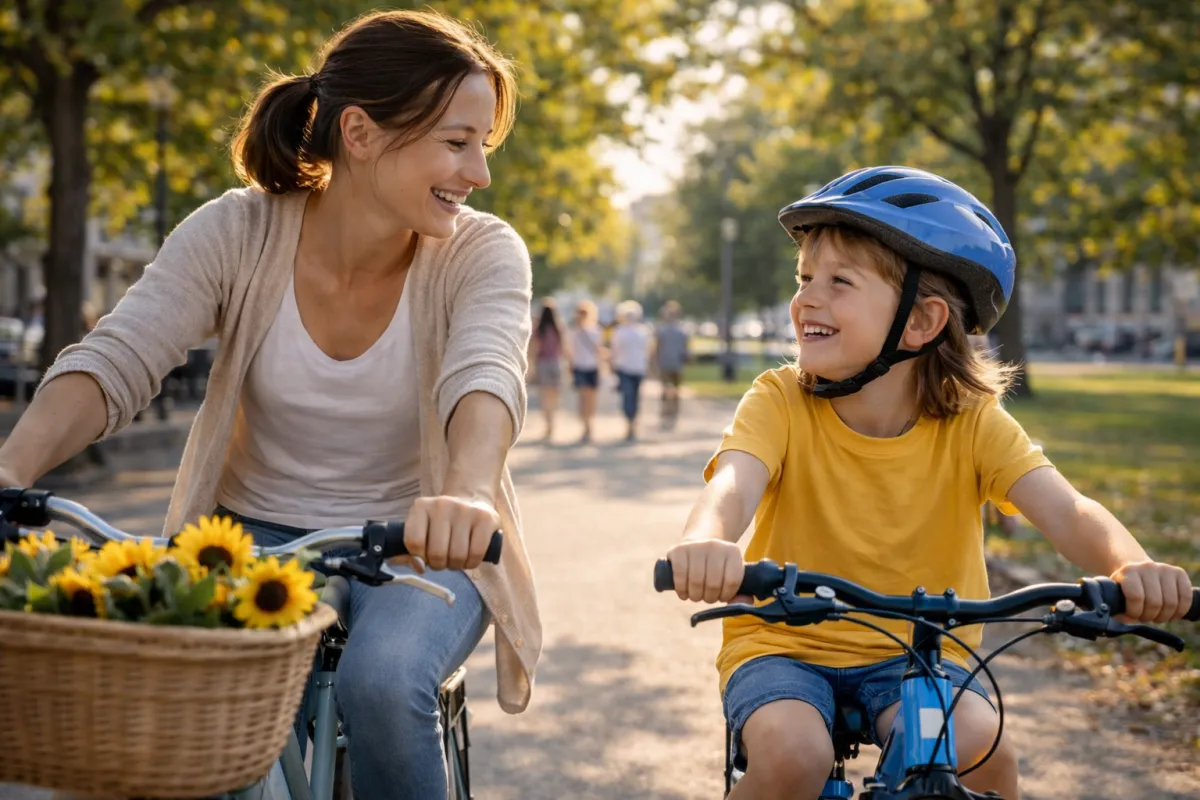 Mother and child cycling together through the park - Heels on Bikes Ploiești 2026