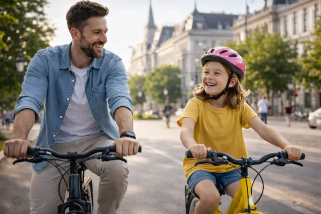 Father and child cycling together through the city center