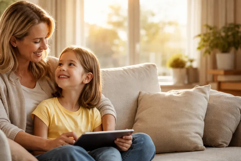 Mother and daughter using a tablet to review activities and rewards in GritSprout