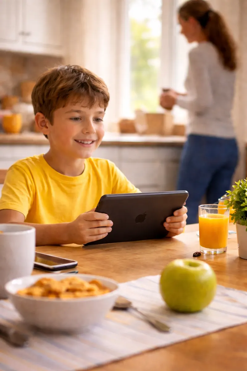 Child at breakfast with a tablet, illustrating the routine and progress families track in GritSprout